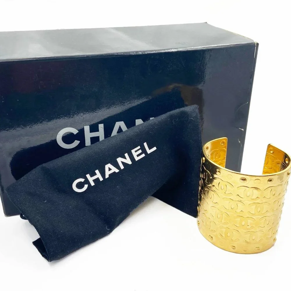 Chanel Vintage Rare Gold Plated CCs Thick Cuff Bracelet